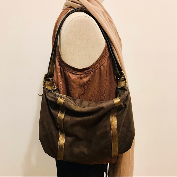 Cole Haan brown suede & golden brown leather hobo shoulder bag. Good used cdtn - Picture 2 of 10